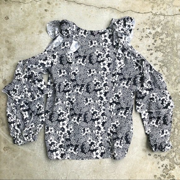 Parker Top Cold Shoulder Ruffle Trim V-Neck Black Floral Print S - Picture 5 of 5